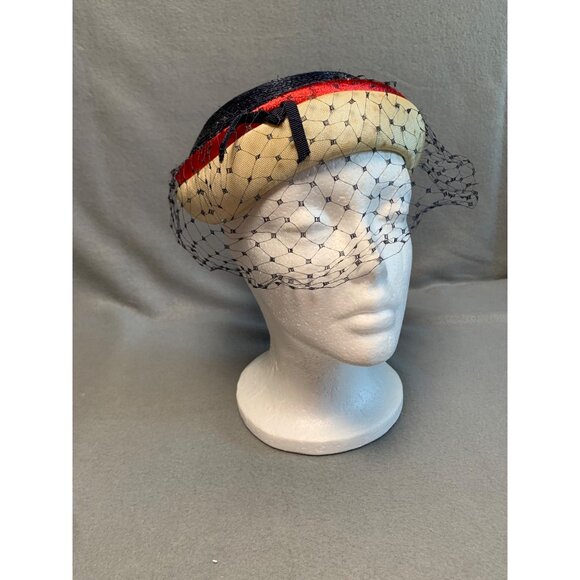 Vintage Navy & Cream Pillbox Hat With Red Trim & Black Veil Sz 22" - Picture 7 of 11